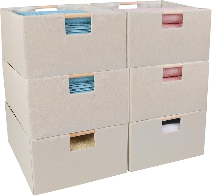 ANMINY 6PCS Storage Baskets for Organizing Collapsible Fabric Storage Bins Boxes with Wood Handles Closet Shelves Cube Organizer Bins Clothes Laundry Storage Container - Medium, Beige