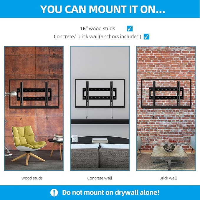 HOME VISION TV Wall Mount Fixed for Most 26-65 Inch Flat/Curved TVs with Max VESA 400X400mm up to 99Lbs Fits 16 Inch Wood Studs, Universal Low Profile Wall Mount TV Bracket, Space Saving HV8401