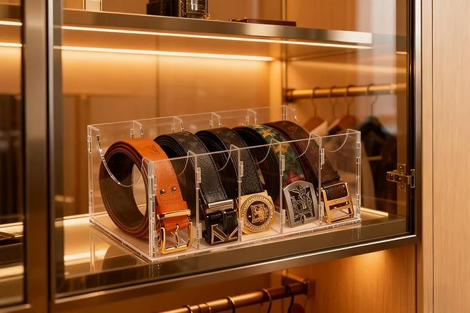ECOSEAO DIY Belt Organizer, Clear Stackable Belt holder For Closet Drawer Storage - 3 Compartments, Multi-Purpose Display Bins With Inserts For Belts,Ties,Socks