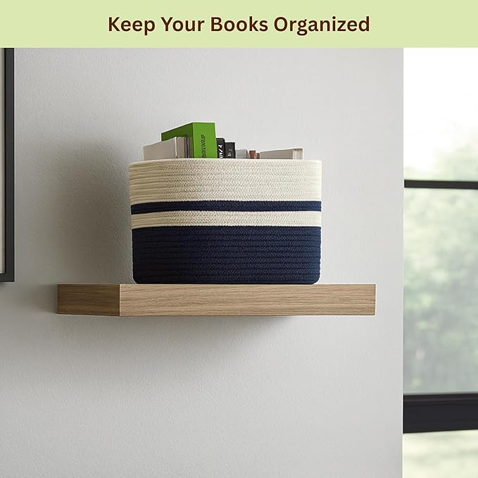 Cotton Rope Baskets for Organizing and Storage, Woven Decorative Baskets for Shelves, Books, Closets. Storage Bins for Living Room, Bedroom (Blue, 1 - Pack | Medium)