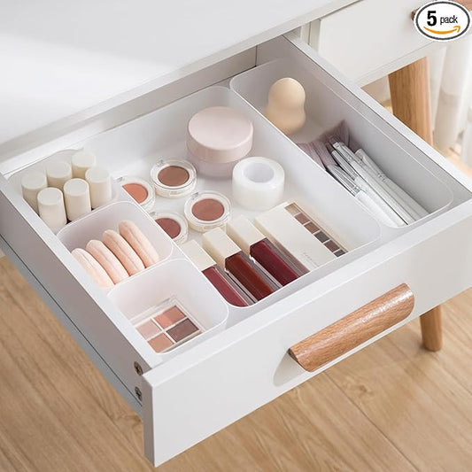 Poeland 5 Pcs Drawer Organizer Tray Storage Box for Bedroom Nightstand Drawer Dresser Bathroom Kitchen Drawer, Frosted