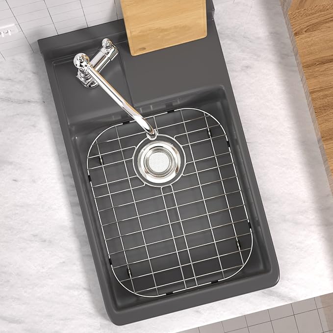 SANNO Kitchen Sink Protectors,Sink Grid with Rear Drain Hole, Double Sink Rack, 16.14"*13",Stainless Steel