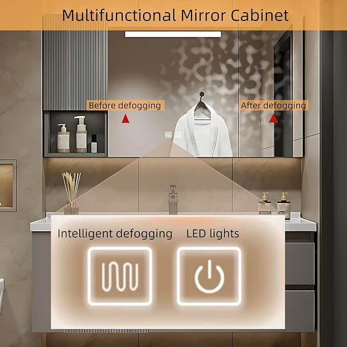 60IN Suspended Bathroom Cabinet Combo Set - Fully Functional LED Mirror with Smart Defogging & Time Display | Bathroom Vanity with Sink,Side Cabinet Storage Compartment (Style A)
