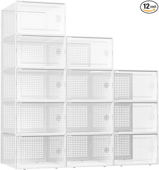 Kuject XX-Large Shoe Storage Boxes Organizers Clear Plastic Stackable 12 Pack, Shoe Rack & Holder Substitute, Sneaker Containers, Shoe Storage Organizer Bins for Closet, Under Bed,White(No Fold Line)