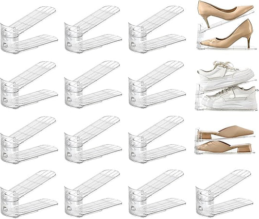 shoe slots organizer, Clear Shoe Stacker, Adjustable Level Shoe Rack,Storage Space Saver for Sneakers Display (Transparent, 16Pack)
