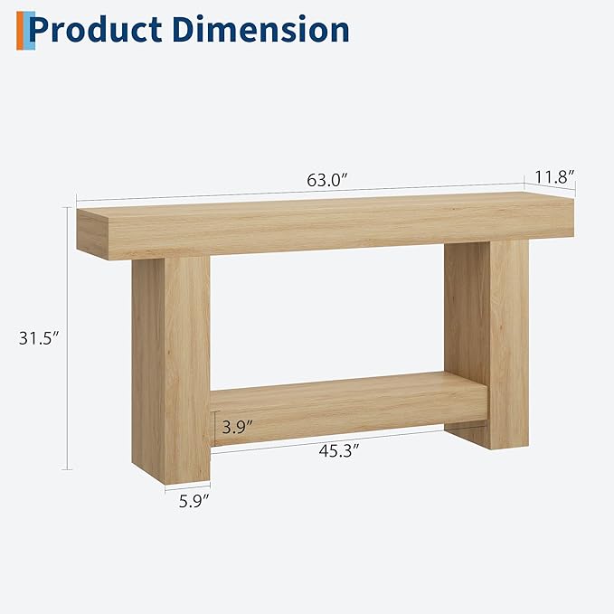 Garvee 63" Farmhouse Console Table with 2 Tiers and Storage – Large Wooden Sofa Table for Entryway, Hallway and Living Room