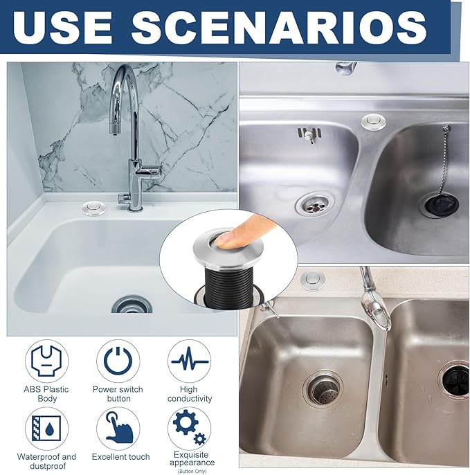 Garbage Disposal Air Switch Kit Wireless Sink Top Garbage Disposal Button Stainless Steel/On/Off Waterproof Button Kit with Long Switch Matte UL Listed(Dual Outlet,Silver,Long Size)