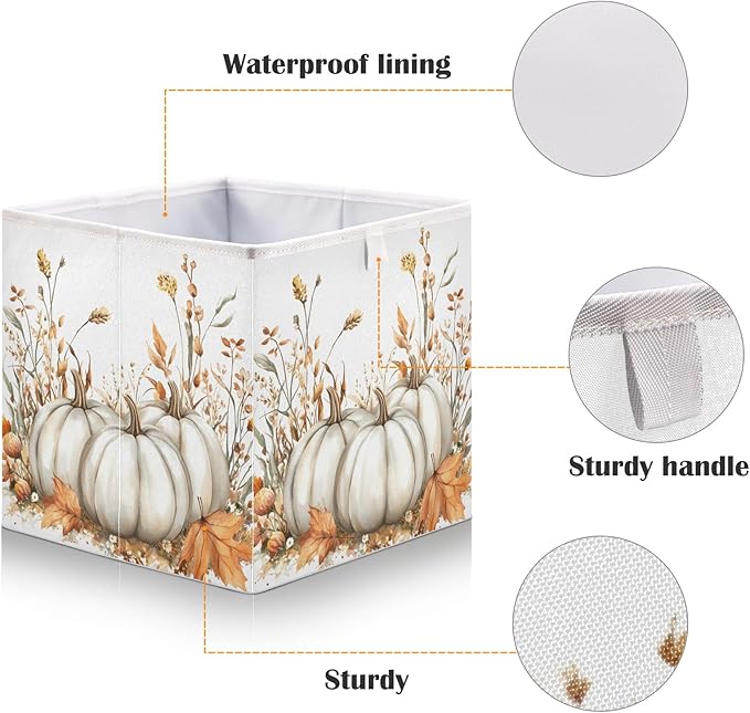 White Pumpkins and Fall Flowers Leaves Autumn Colors O Closet Organizers Storage Cubes Storage Bins Shelf Baskets Containers for Home Room Office,Square