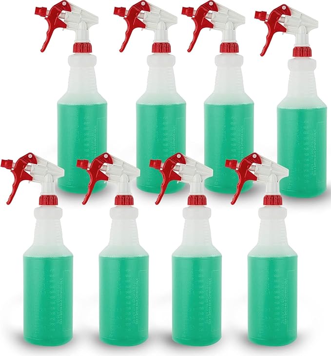Plastic Spray Bottles Leak Proof Technology Empty 32 oz HDPE Commercial HDPE Heavy duty for cleaning solutions , with measurements , with fully Adjustable , Non-Clogging Nozzle, - 8 Sets