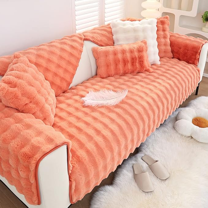 Soft Warm Faux Fur Couch Sofa Cover Thick Shaggy Fuzzy Sectional Couch Cover Non-Slip Solid Color Plush Sofa Slipcover Furniture Protector for Kids, Pets (Light Orange,43"x94")