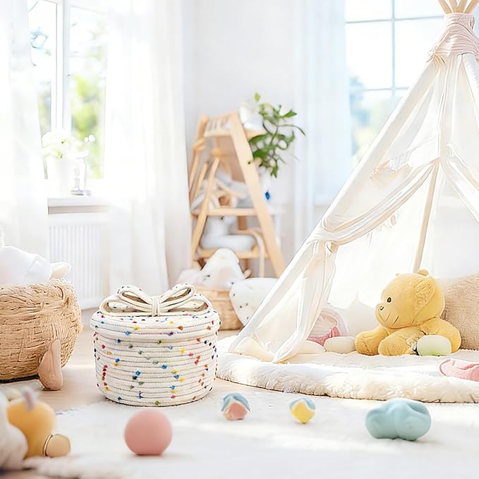 Small Storage Baskets with Lids, Round Woven Rope Basket with Lid, Cute Small Storage Box for Toy, Gift or Home Decor, Small Decorative Basket with Rainbow Pom-pom & Bow Handle (rainbow)