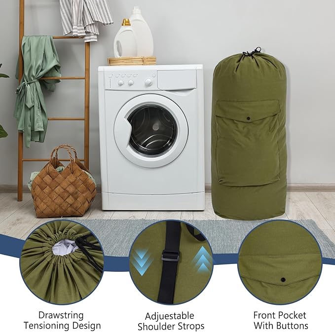 Sanlykate Canvas Backpack Laundry Bag - Extra Large Durable Dirty Clothes 2-3 Days Capacity with Adjustable Shoulder Strap & Front Pocket, for College Dorm, Apartment, Laundromats, Camping Travel