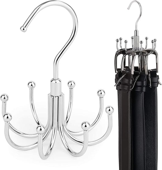 ZEDODIER 4 Pack Belt Organizer for Closet, Heavy-Duty Rotating Belt Hanger Rack Holds Multiple Belts, Hanging Space Saving Metal Belt Holder for Closet Storage, Silver