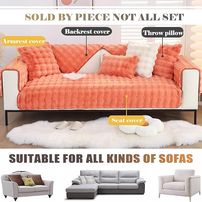 Soft Warm Faux Fur Couch Sofa Cover Thick Shaggy Fuzzy Sectional Couch Cover Non-Slip Solid Color Plush Sofa Slipcover Furniture Protector for Kids, Pets (Light Orange,43"x63")