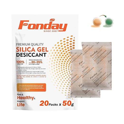 50g x 20 packs Fonday Rechargeable Silica Gel Desiccant Packets Fast Reactivate Desiccant Bags Moisture Absorbers for Storage Bins, Suitcase, Safe, 3D Filaments, Electronics