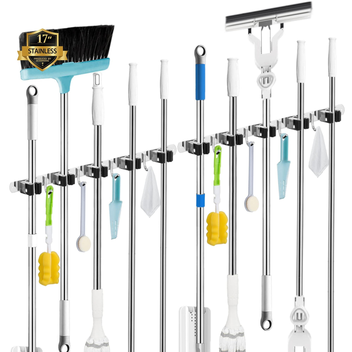 2 Pack Broom Holder Wall Mount, 5 Racks 4 Hooks Mop - Image 1