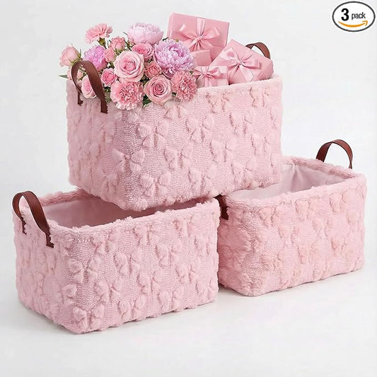 Kathfly 3 Pcs Bow Foldable Storage Baskets Pink Bow Plush Faux Fur Jacquard Design Laundry Basket with Handles Waterproof Storage Bins Fabric Shelf Baskets for Organizing Closet Clothes