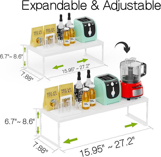 Adjustable Stackable Metal Storage Shelf Organizer - Expandable Wire Rack with Perforations for Kitchen, Pantry, Bathroom, Cabinet & Office-Compact, Durable & Sturdy (2PACKS/Medium/White)