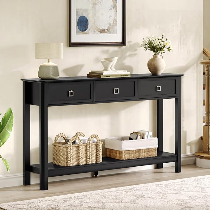 Treocho 53.1" Console Table with 3 Drawers, Modern Entryway Table, 2-Tier Narrow Long Sofa Table Behind Couch Table for Living Room, Hallway, Black