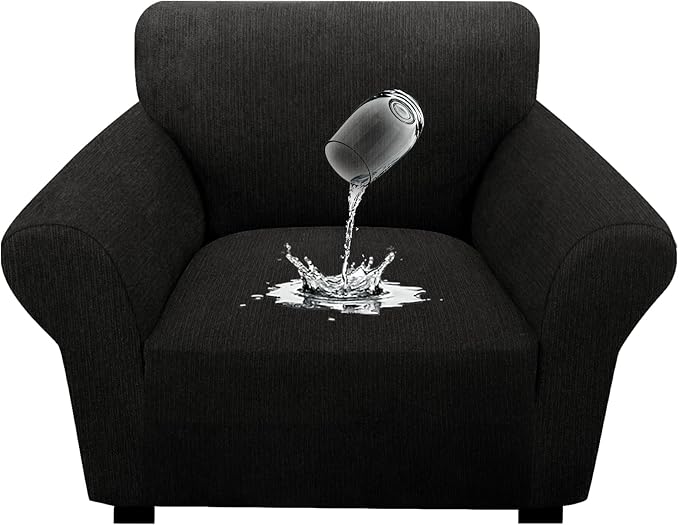 Waterproof Stretch Spandex Chair Sofa Slipcover - Non-Slip Soft Couch Cover with Elastic Bottom, Washable Leakproof Furniture Protector for Kids, Pets, Dogs & Cats (Chair, Black)
