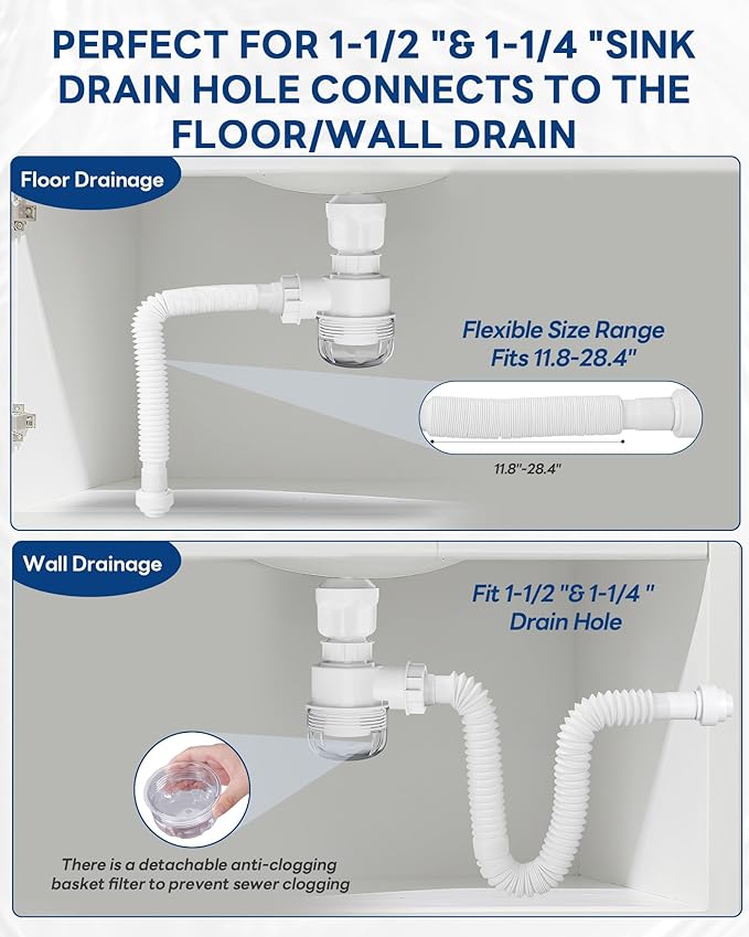 BOTEMY Polished Bathroom Sink Drain Kit with Flexible Sink Drain Pipe -No Tool Installation,11.8-28.4" Anti-Odor Expandable Sink P-Trap,1.25"-1.5" Pop Up Stopper &Strainer Hair Catcher(with Overflow)