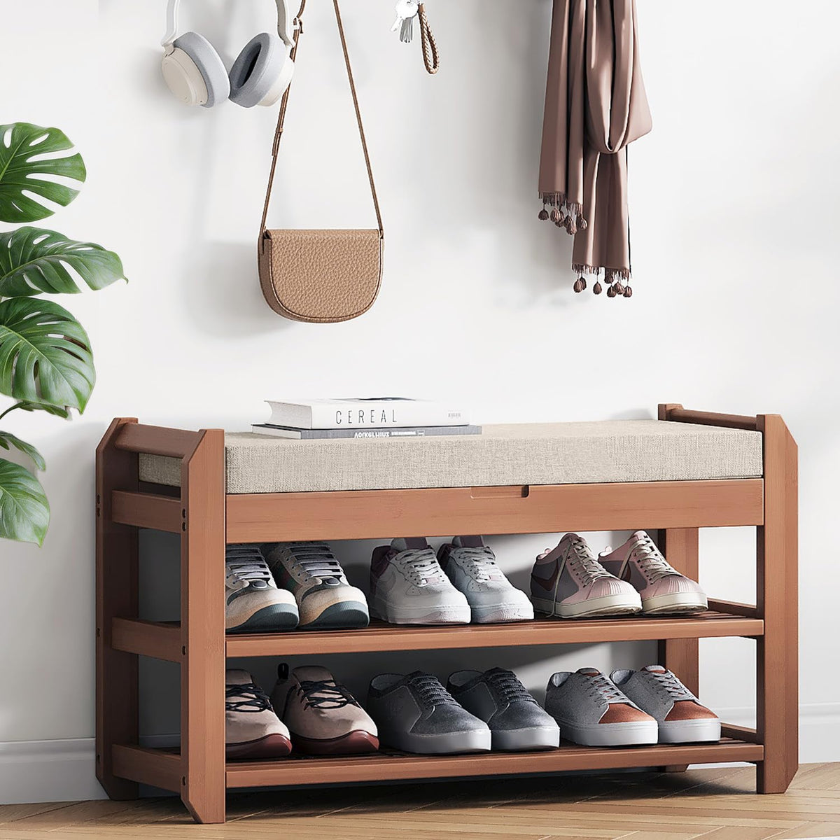 27.6" Entryway Shoe Rack Bench with Cushion, 2-Tier Storage Bench - Image 1
