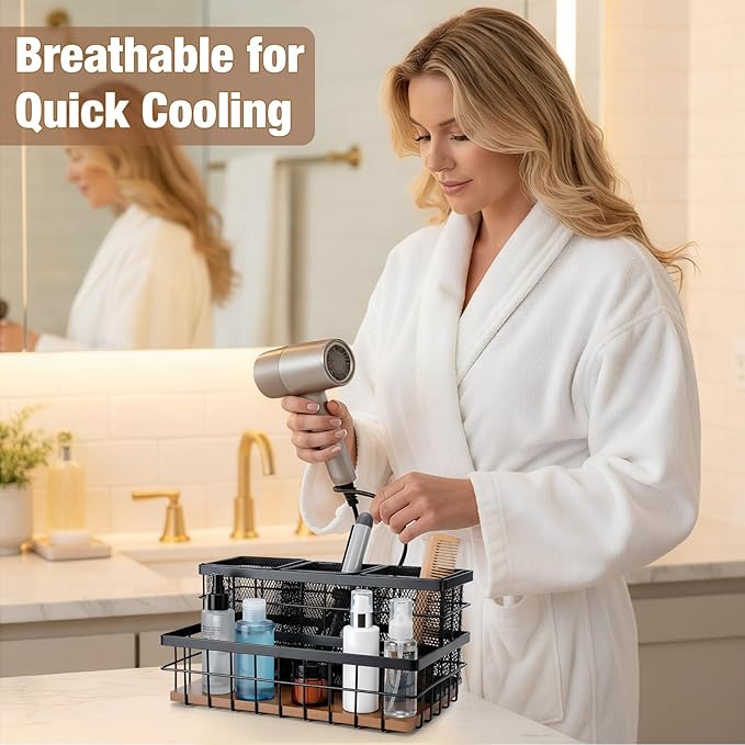 1 Pcs 1pcs Hair Tool Organizer Countertop Breathable Metal Bamboo Hot Tools Vanity Organizer Under Sink Bathroom Hair Dryer Holder Countertop Brush Comb Holder Tray (Koa Wood,Black)
