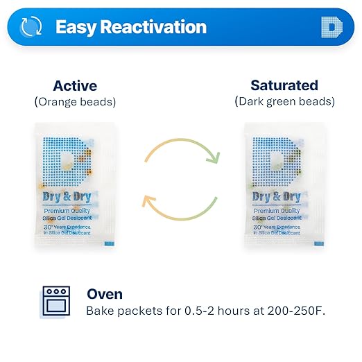 Dry & Dry 2 Gram [100 Packets] Orange Indicating Silica Gel Packets Desiccants - Food Safe Silica Packs, Silica Gel, Silica Packets, Desiccant Packs for Food Storage