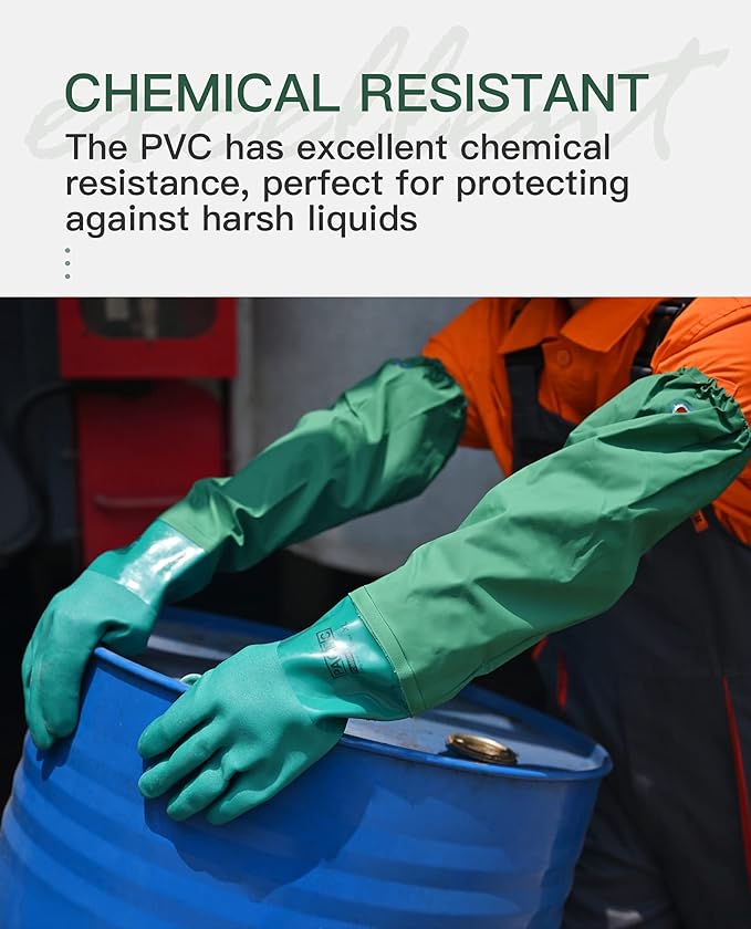 PACIFIC PPE 26" Rubber Chemical Resistant Gloves, PVC Reusable, Heavy Duty Waterproof With Cotton Liner, Anti-skid, Acid-alkali and Oil Resistant, Large