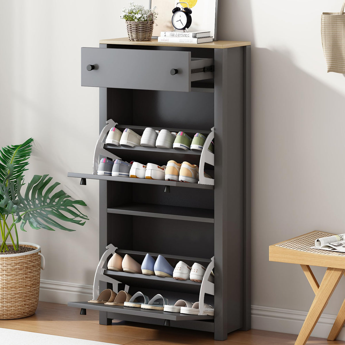 Functional Entryway Organizer with 2 Flip Drawers, Wood Grain - Image 1