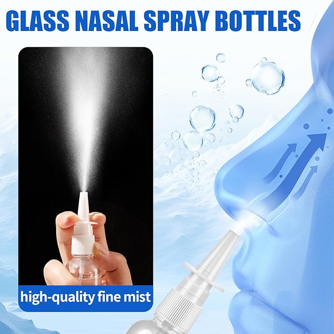 10 Pcs Nasal Spray Bottles, 30ML/1oz Transparent Glass Refillable Fine Mist Empty Clear Nasal Spray Bottle with 2 Funnels and 2 Labels