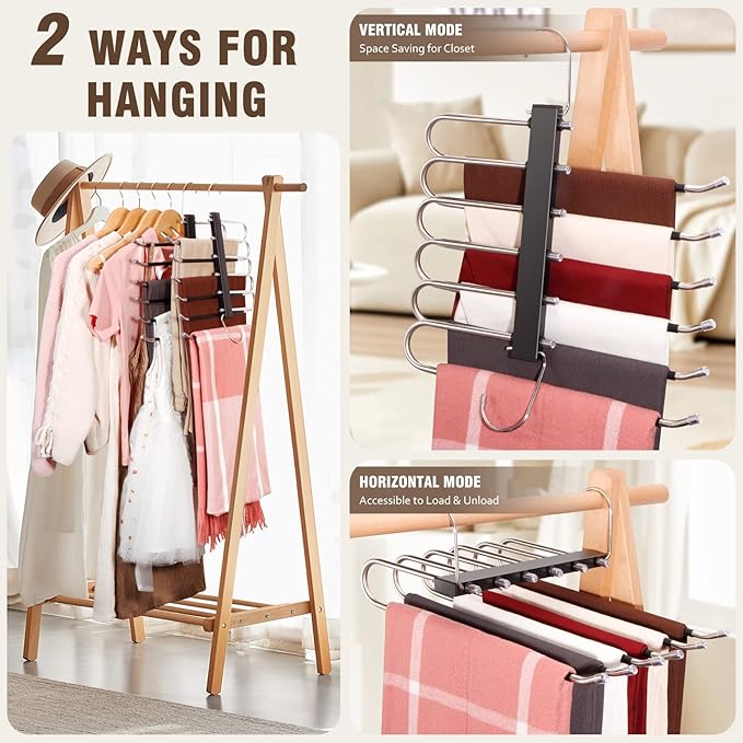 4 Pack 6-Tier Space Saving Pant Hangers, Anti-Slip, Lightweight, Stainless Steel, Black, 6 Pairs Jeans Hangers