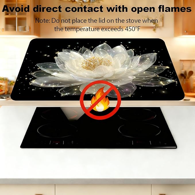Glass Stove Top Covers for Electric Stove, Heat Resistant Counter Protector Mat, Non Slip Waterproof Surface Cover for Kitchen Counter and Cooktop (Glow Lotus, 28"L x 20"W)