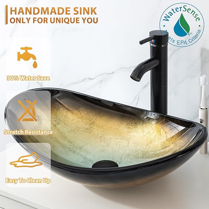 eclife 24" Modern Bathroom Vanity Sink Combo Freestanding Cabinet with Soft Closing Door, Champagne Boat Glass Vessel Sink, Water Save Faucet, Drain (Gray+A29CH)