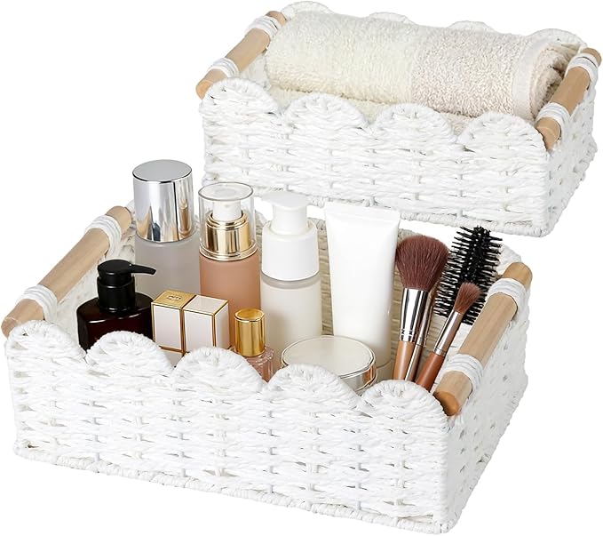 2 Pack Scalloped Wicker Basket Paper Rope Storage Baskets with Wooden Handles Hand-Woven Organizer Bin Wicker Storage Baskets for Organizing, Home Decor (White)