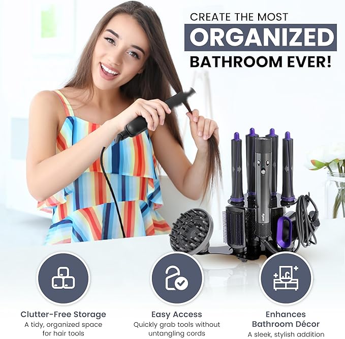 Blow Dryer Accessory Holder for Dyson Airwrap & Shark FlexStyle Only | Wall or Countertop Organizer for Hair Tools | Steel Storage Rack for Styling Attachments (Blow Dryer Not Included)