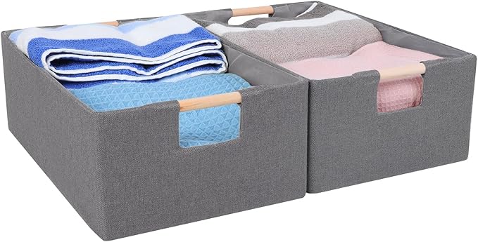 ANMINY 2PCS Storage Baskets for Organizing Collapsible Fabric Storage Bins Boxes with Wood Handles Closet Shelves Cube Organizer Bins Clothes Laundry Storage Container - Medium, Gray