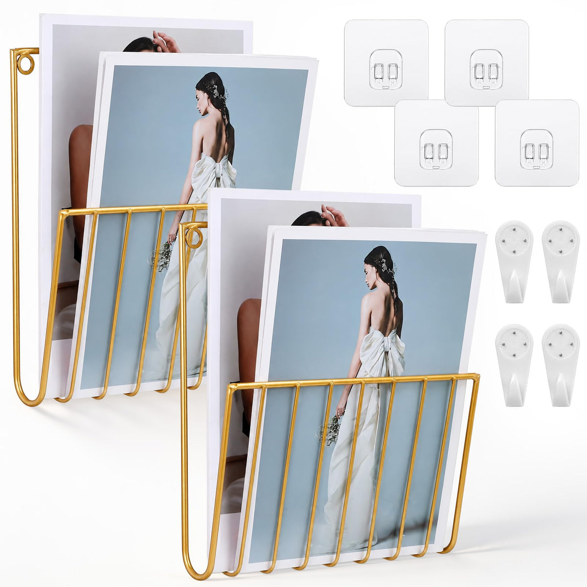 2 PCS Wall Mounted Magazine Racks, Durable Gold Mail Organizer - Image 1