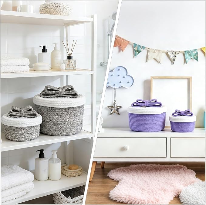 Small Storage Baskets with Lids, Round Woven Rope Basket with Lid, Cute Small Storage Box for Toy, Gift or Home Decor, Small Decorative Basket with Rainbow Pom-pom & Bow Handle (rainbow)