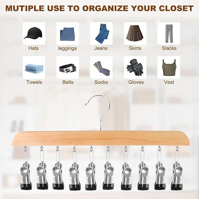 Closet Organizer with 10 Clips - Space Saving Hanging Closet Organizer, 2026 Upgraded Legging Hangers for Closet, 360° Rotating Metal Clips with Silicone Lining for Clothes (New-Wood, 2PCS)