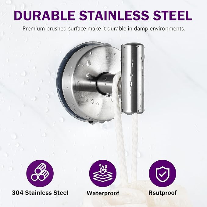 JOMOLA Suction Cup Hooks for Shower Wall Stainless Steel Vacuum Hook Heavy Duty Bathroom Suction Towel Holder Coat Hooks Wall Hanger for Door Glass Kitchen Brushed Silver 4Pcs