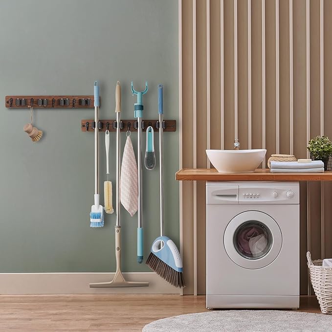2 Pack Mop Broom Holder Wall Mount - Wood Broom Mop Hanger - Wall Mounted Garden Tool Rack Organizer for Closet Garage Laundry Room Farmhouse Rustic Kitchen Decor With 4 Slots & 4 Hooks