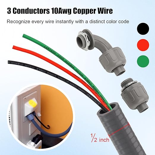 1/2Inch Power Whips Assembly, 10FT Nonmetallic Liquid Tight Flexible Conduit Wire with 3 Conductors 10 Gauge THHN Electrical Wires, A/C Hook-up Whip Kit Electrical Wire(10FTx1/2Inch)