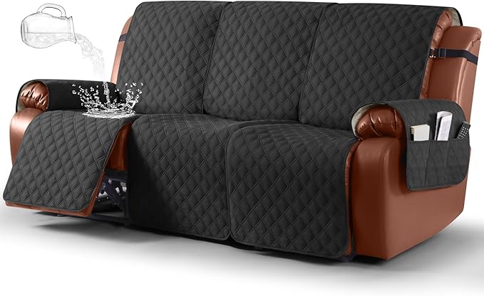 Ruaozz Waterproof Recliner Couch Covers 1-Piece Sofa Covers Washable Recliner Covers Non-Slip Furniture Protector with Elastic Straps Pocket for Kids Pets(Black, 3 Seater)