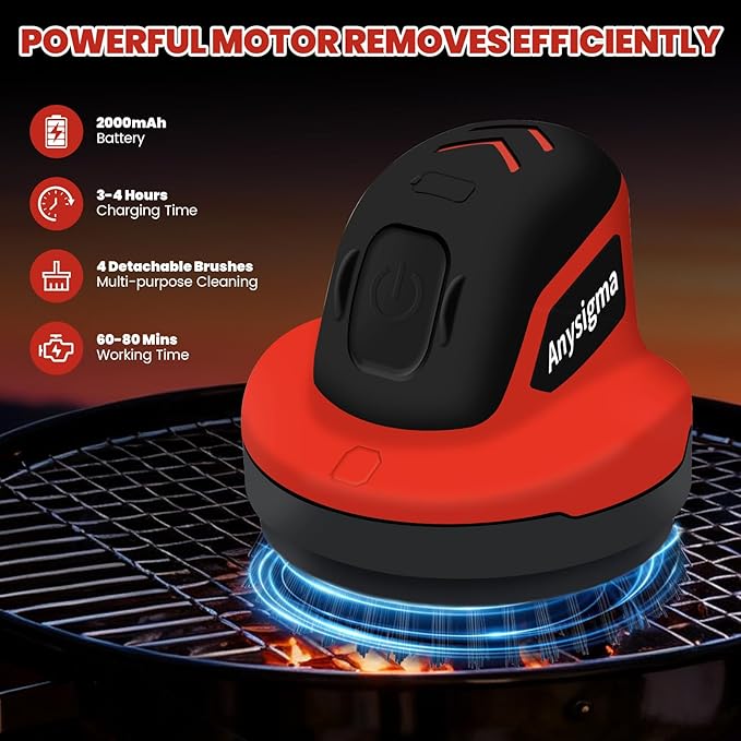 Electric Grill Brush- Waterproof Cordless Rotary Cleaning Brush with 4 Heads for Outdorr Grill,Car,Bathroom