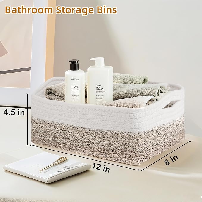 4 Pack Storage Baskets for Organizing, Small Storage Bins for Shelves, Woven Cotton Rope Baskets with Handles, Organizer Baskets for Gifts Empty, 12''Lx8''Wx4.5''H (Gradient Brown)