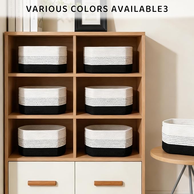 4 Pack Storage Baskets for Organizing, 12''Lx10''Wx8''H Woven Baskets for Storage Toys, Towels, Books, and Clothes, Cotton Rope Basket for Shelves with Handle (White & Black)