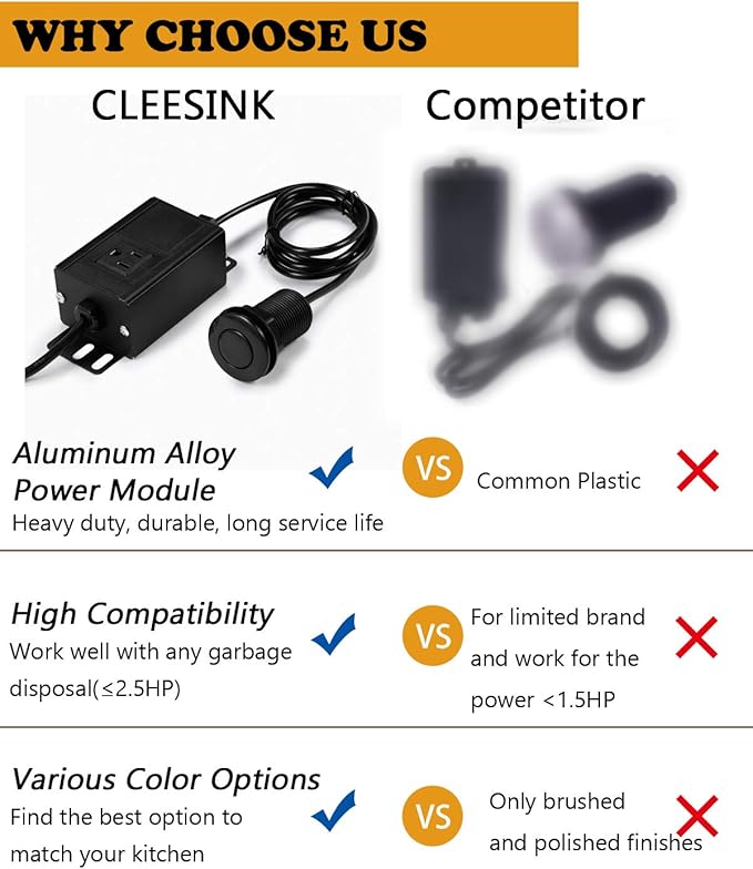 Sink Top Air Switch Kit Garbage Disposal Part by CLEESINK (SHORT/2.5", Black)
