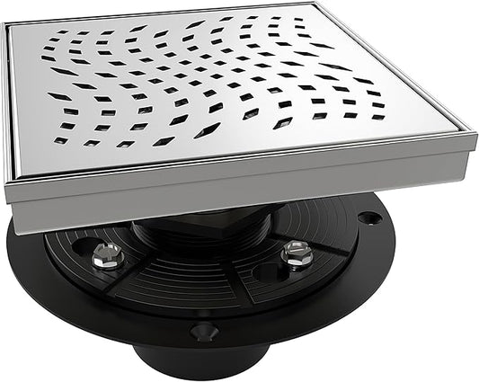 WEBANG 6 Inch Square Shower Drain Brushed Floor Drain with Flange Wave-Hole Pattern Cover Grate Removable SUS304 Stainless Steel Watermark&CUPC Certified Brushed