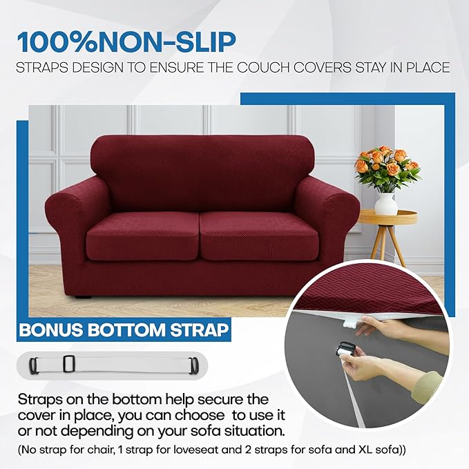 XINEAGE 2025 New 3 Pieces Couch Covers for 2 Cushion Sofa Super Stretch Loveseat Slipcover Pet Dog Universal Slip Cover Anti Slip Love Seat Furniture Protector (Wine Red, 55"-69")